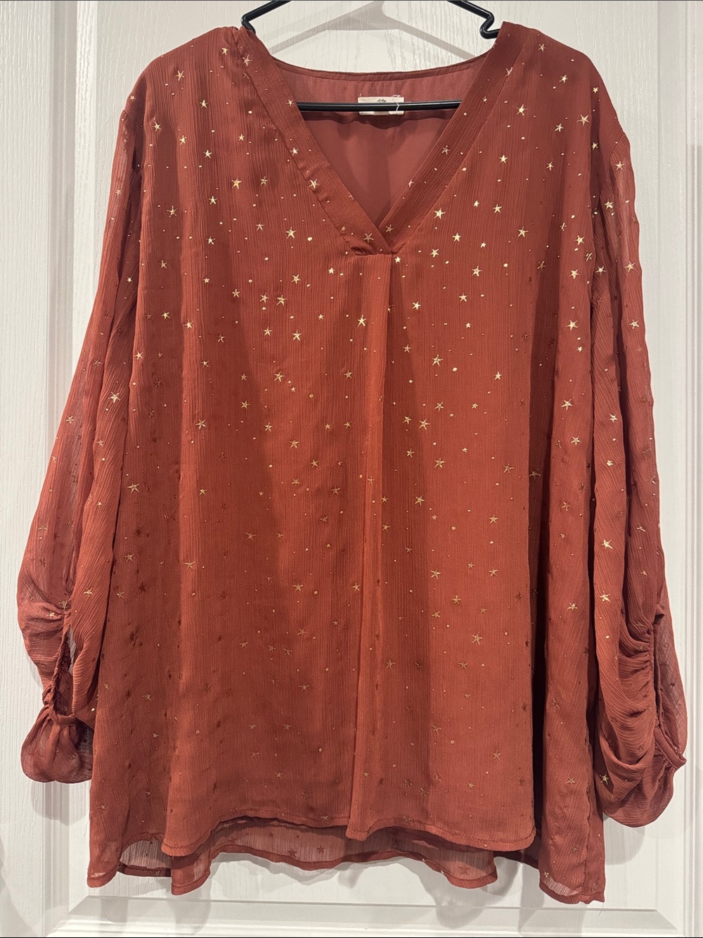 Entro XL Rust Gold Star Print Blouse Ruched Sleeve